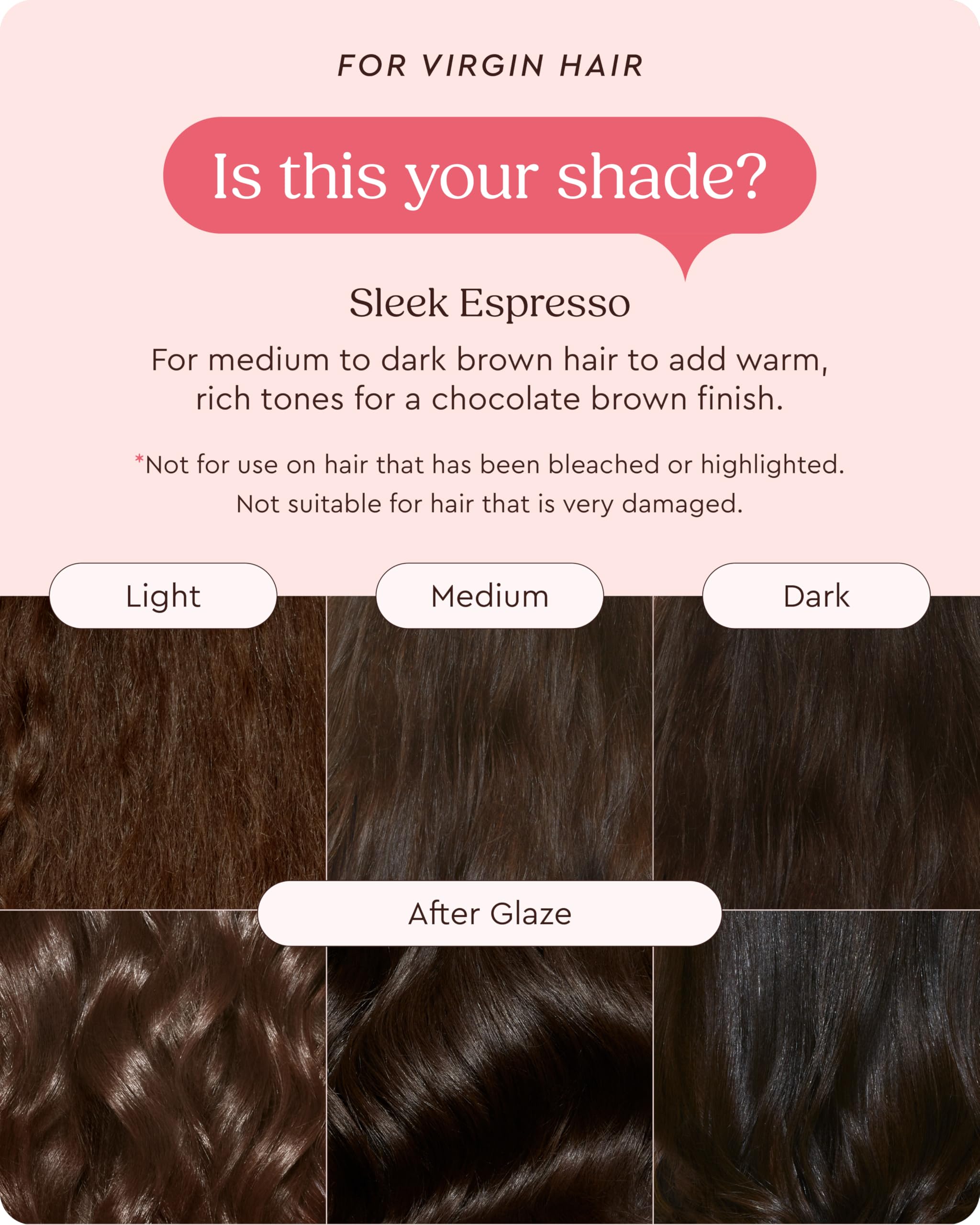 Glaze Supergloss hair shine closeup reveals deep, hydrated brown finish.