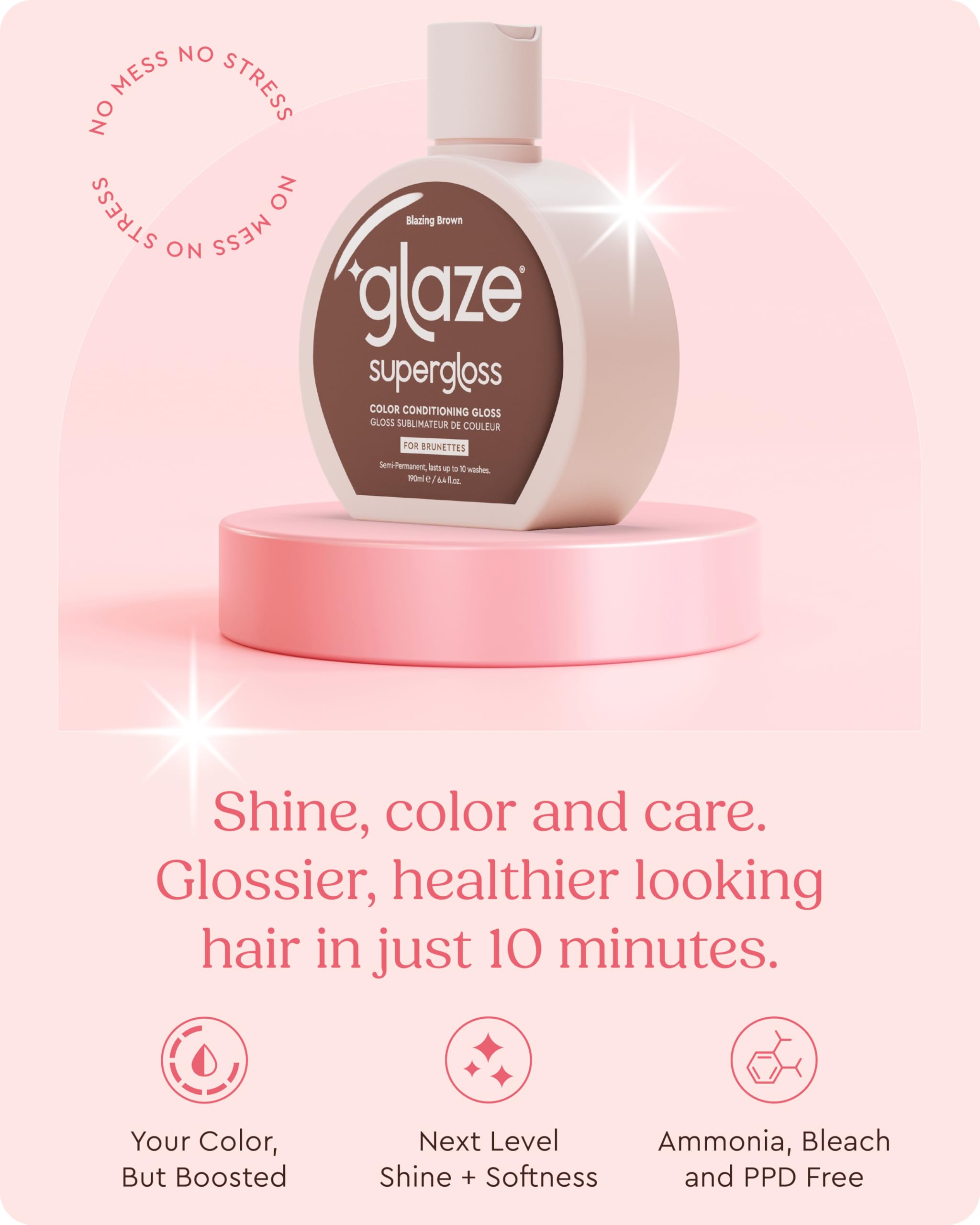 Glaze Supergloss smooth-shine closeup highlights glossy finish and healthy-looking strands.