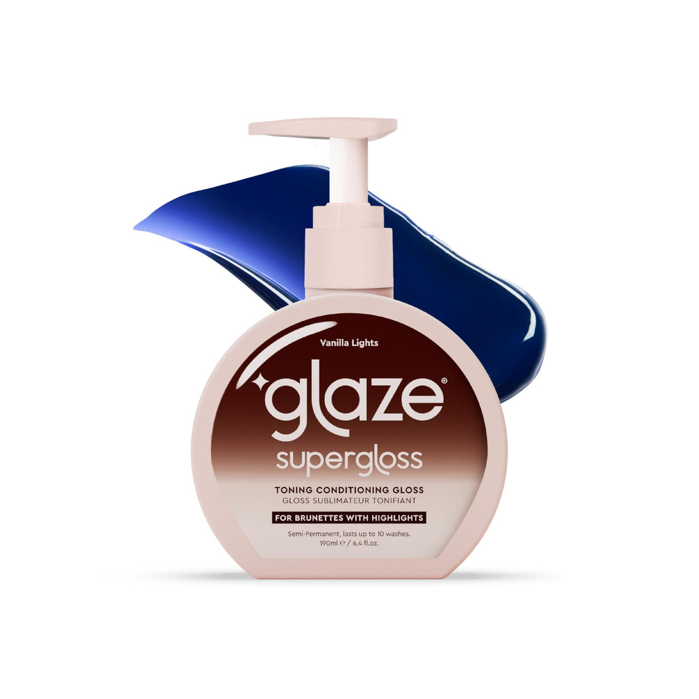 Glaze Supergloss Vanilla Lights bottle demonstrating hydrating color gloss for vibrant brown tones.