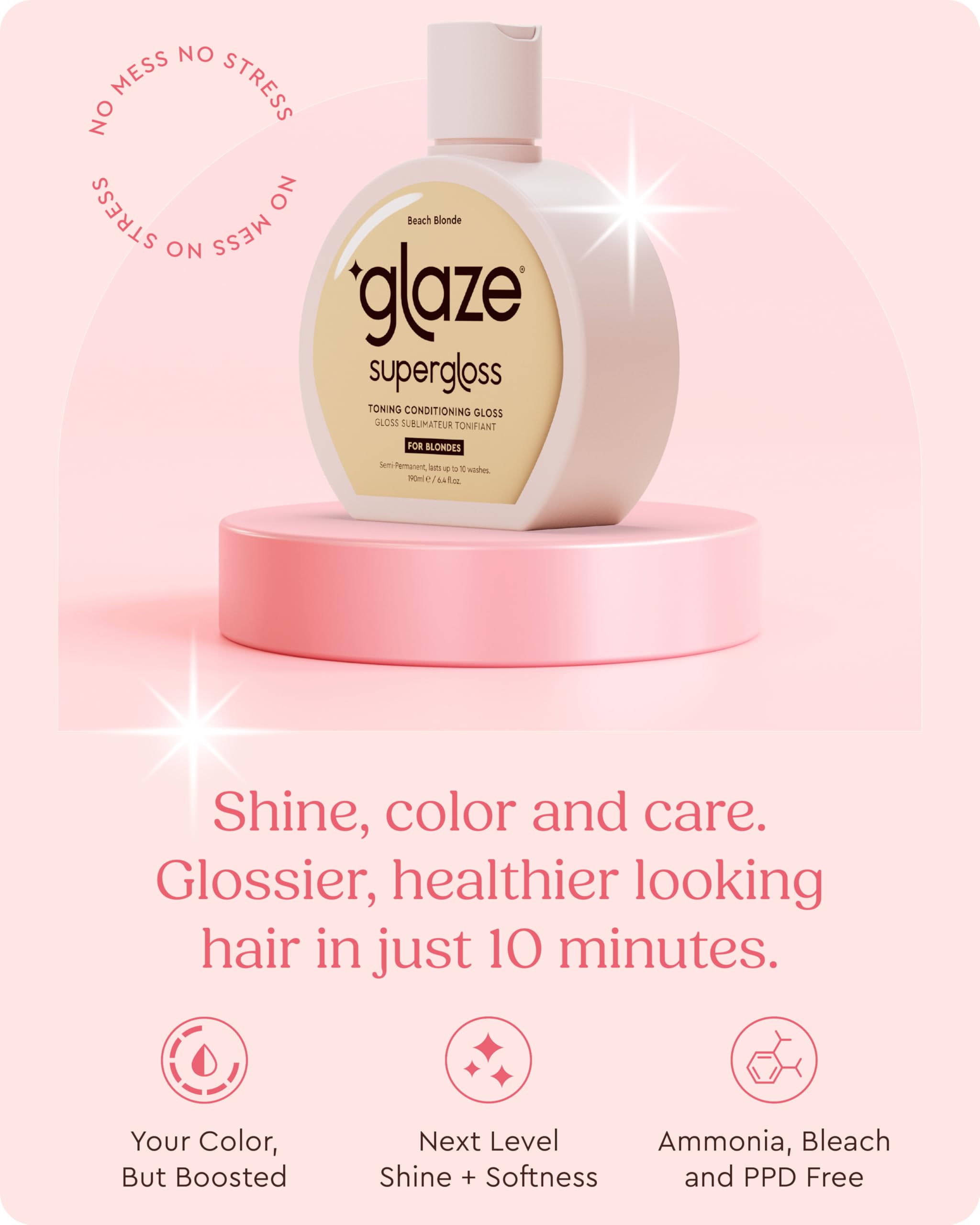 Glaze Supergloss Warm Blonde swatches illustrate true-to-shade semi-permanent color payoff.