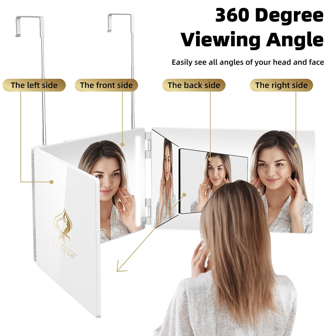 GLDDAO LED 3-Way Mirror 360 view for full head checks