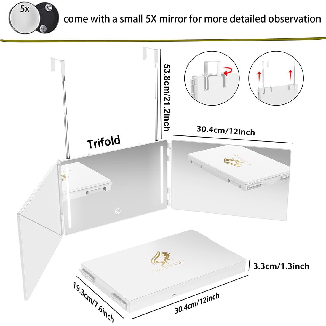 GLDDAO LED 3-Way Mirror bright LED lighting for precise makeup