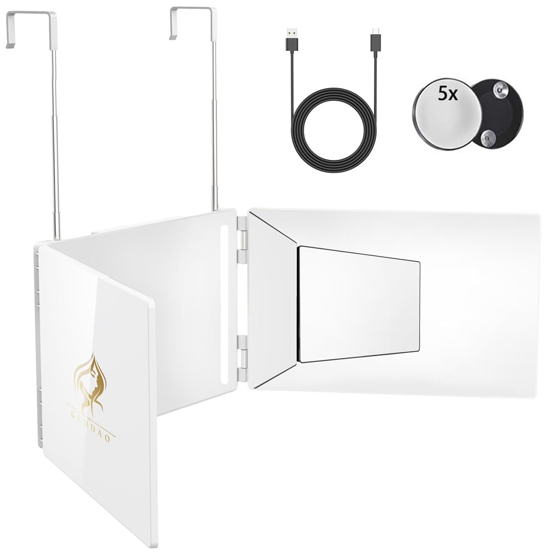 GLDDAO LED 3-Way Mirror packaging shows complete set