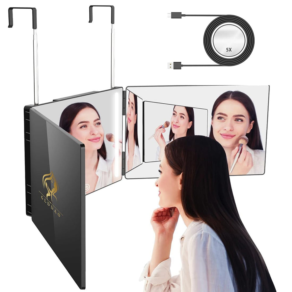 GLDDAO three-way mirror main view with LED for precise braiding and makeup inspection.