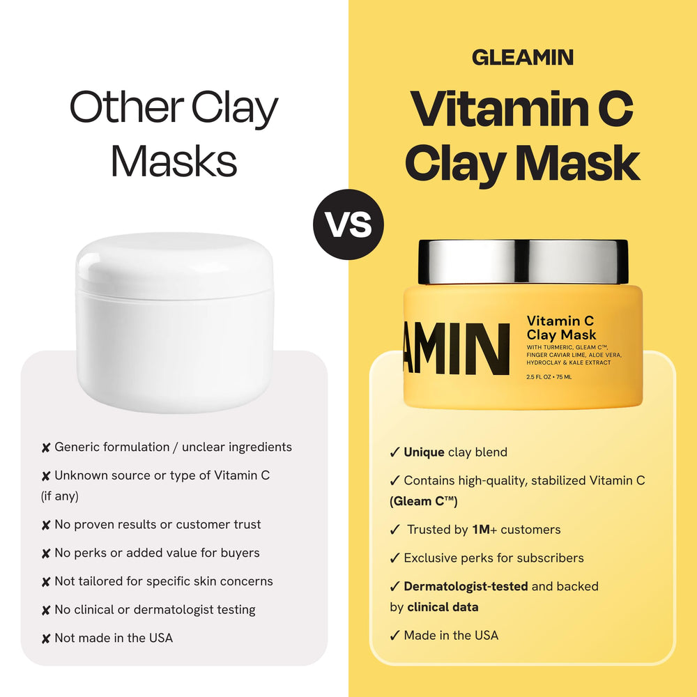 Gleamin Vitamin C Clay Mask with turmeric blend for radiant tone.