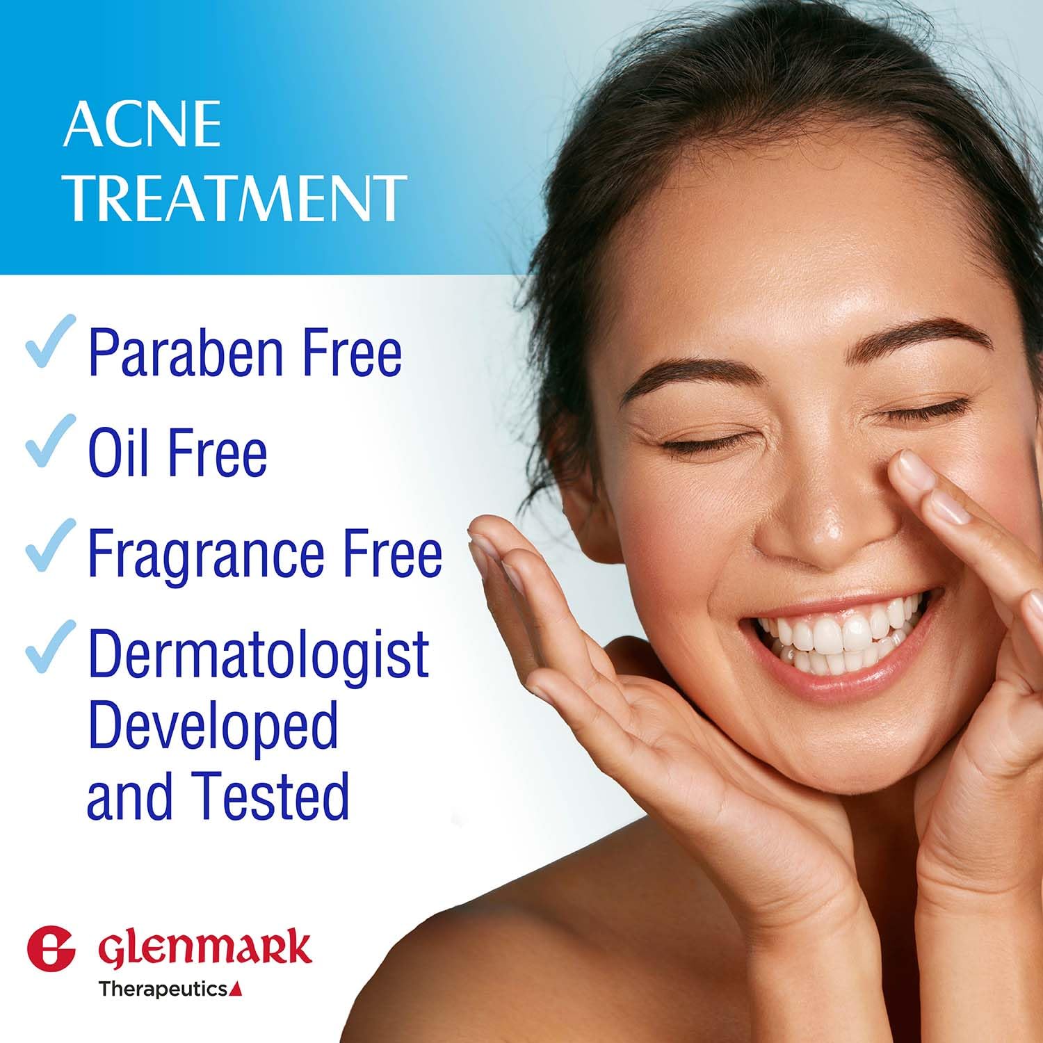 Glenmark Adapalene Gel 0.1% applied to the face in a thin layer.