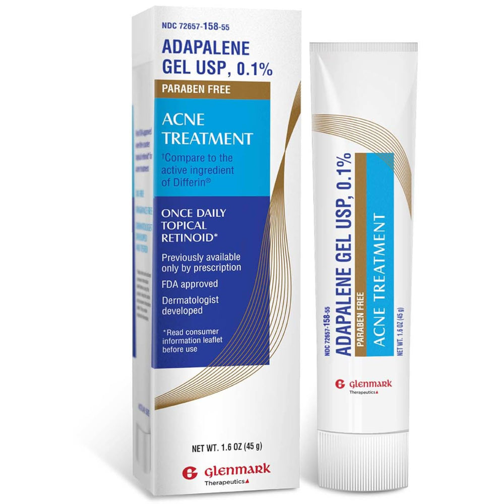 Glenmark Therapeutics Adapalene Gel 0.1% tube close-up for daily acne care.