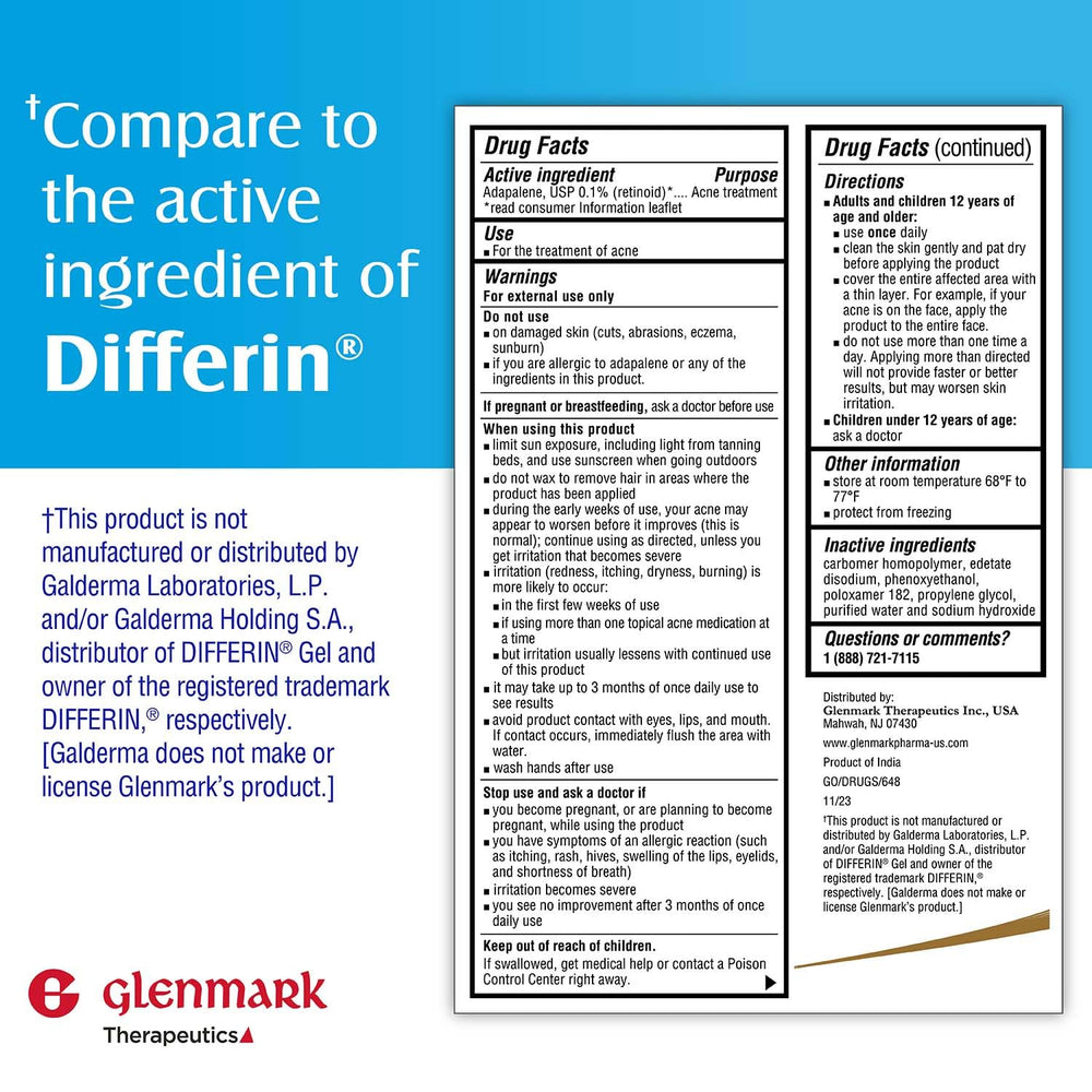 Glenmark Therapeutics Adapalene Gel on counter ready for a simple skincare routine.