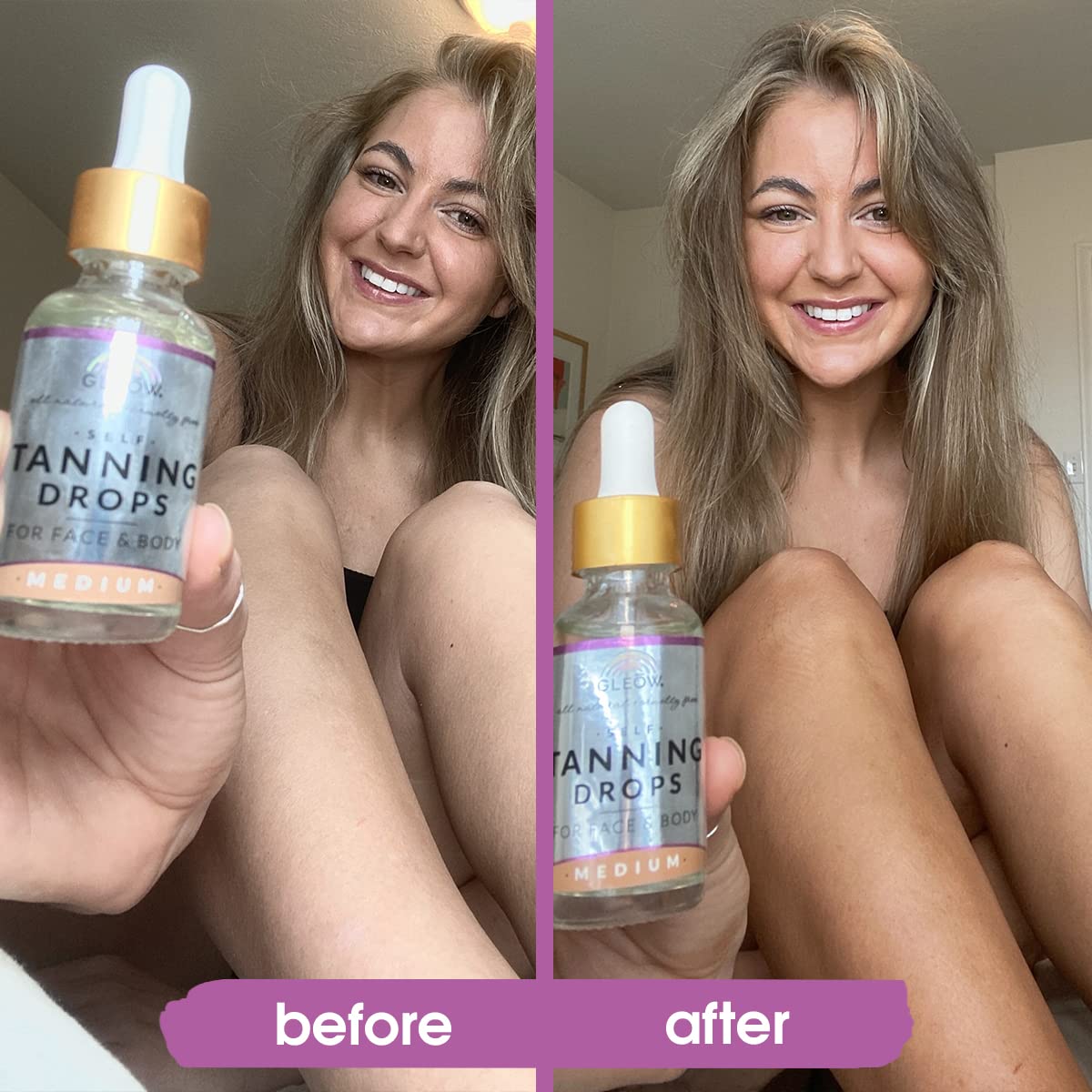 GLEOW before-after glow on skin hints at sunless tan possibilities.