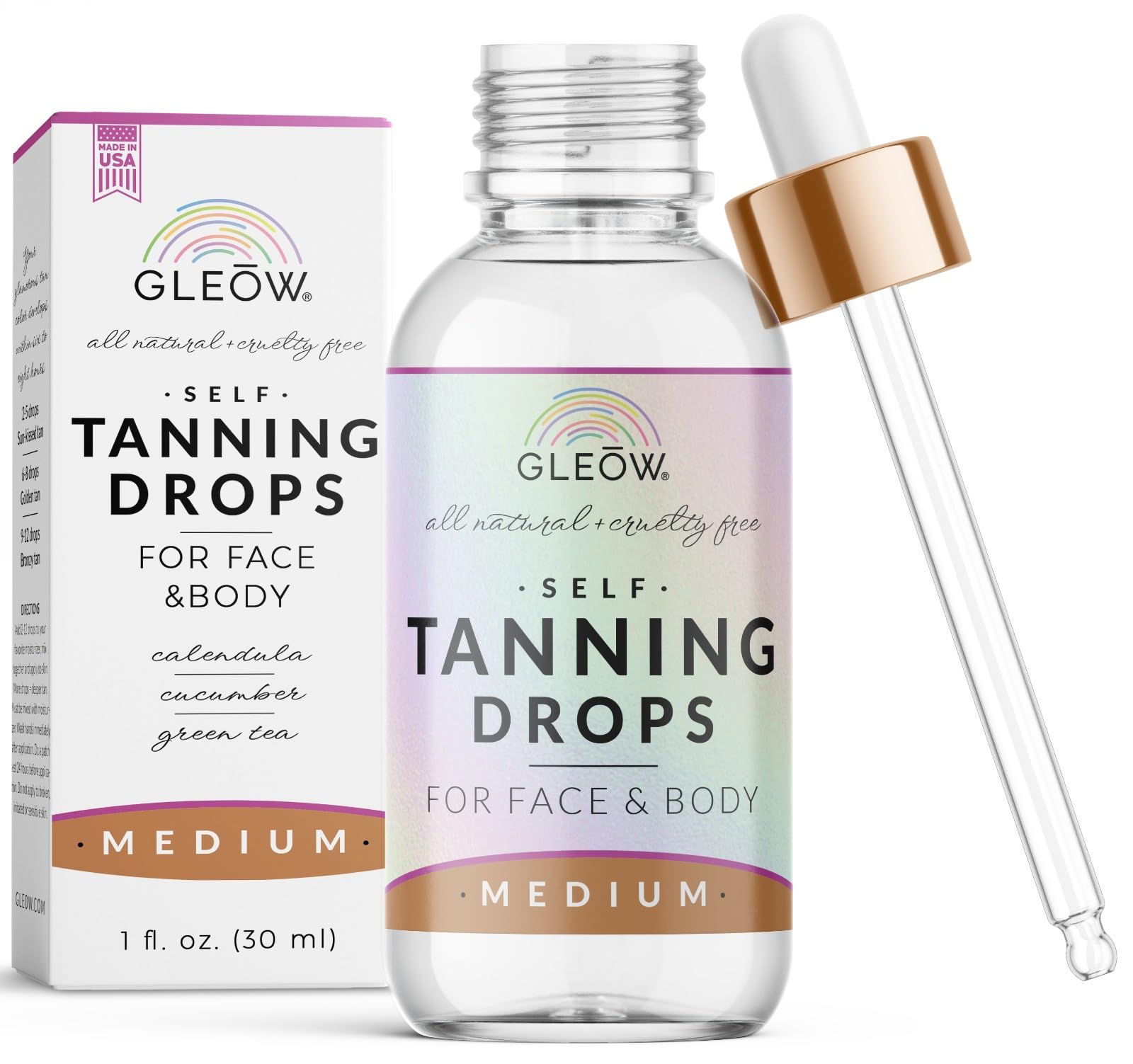 GLEOW face tanning drops package shown for customizable sunless glow.