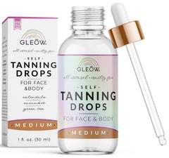 GLEOW face tanning drops package shown for customizable sunless glow.