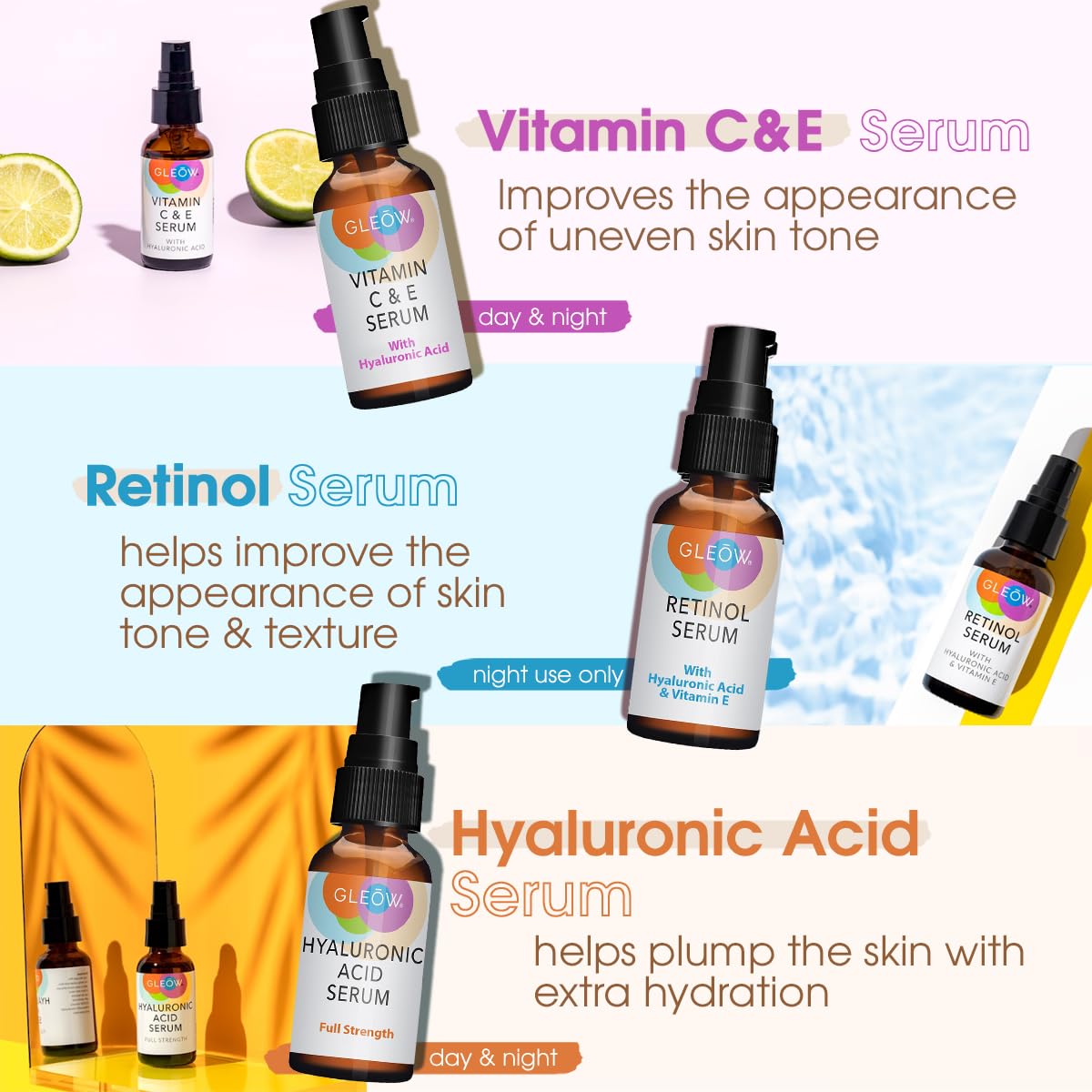 GLEOW Hyaluronic Acid Serum dispense emphasizes deep hydration for soft, supple skin.