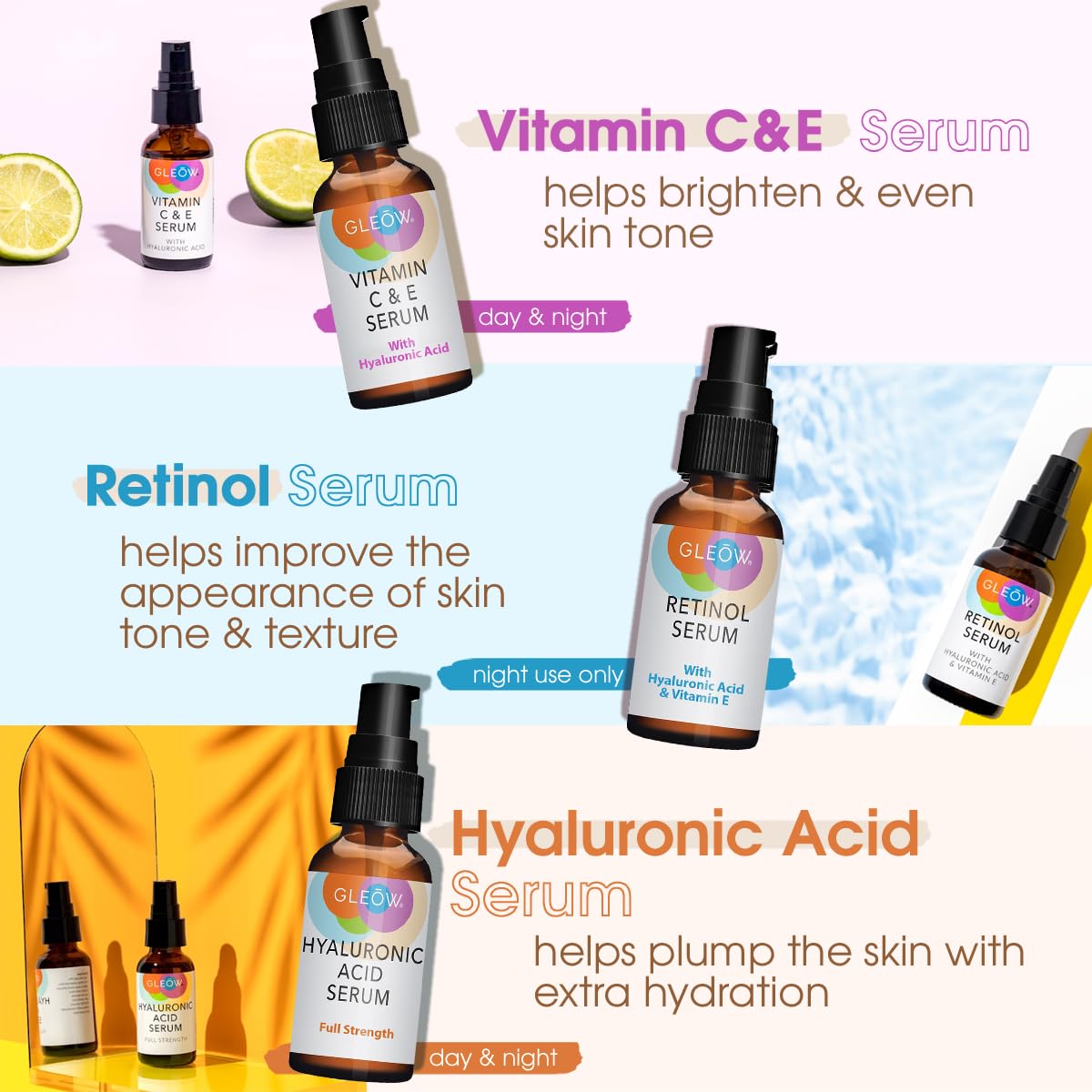 GLEOW hyaluronic acid serum drops deliver deep hydration for supple skin.
