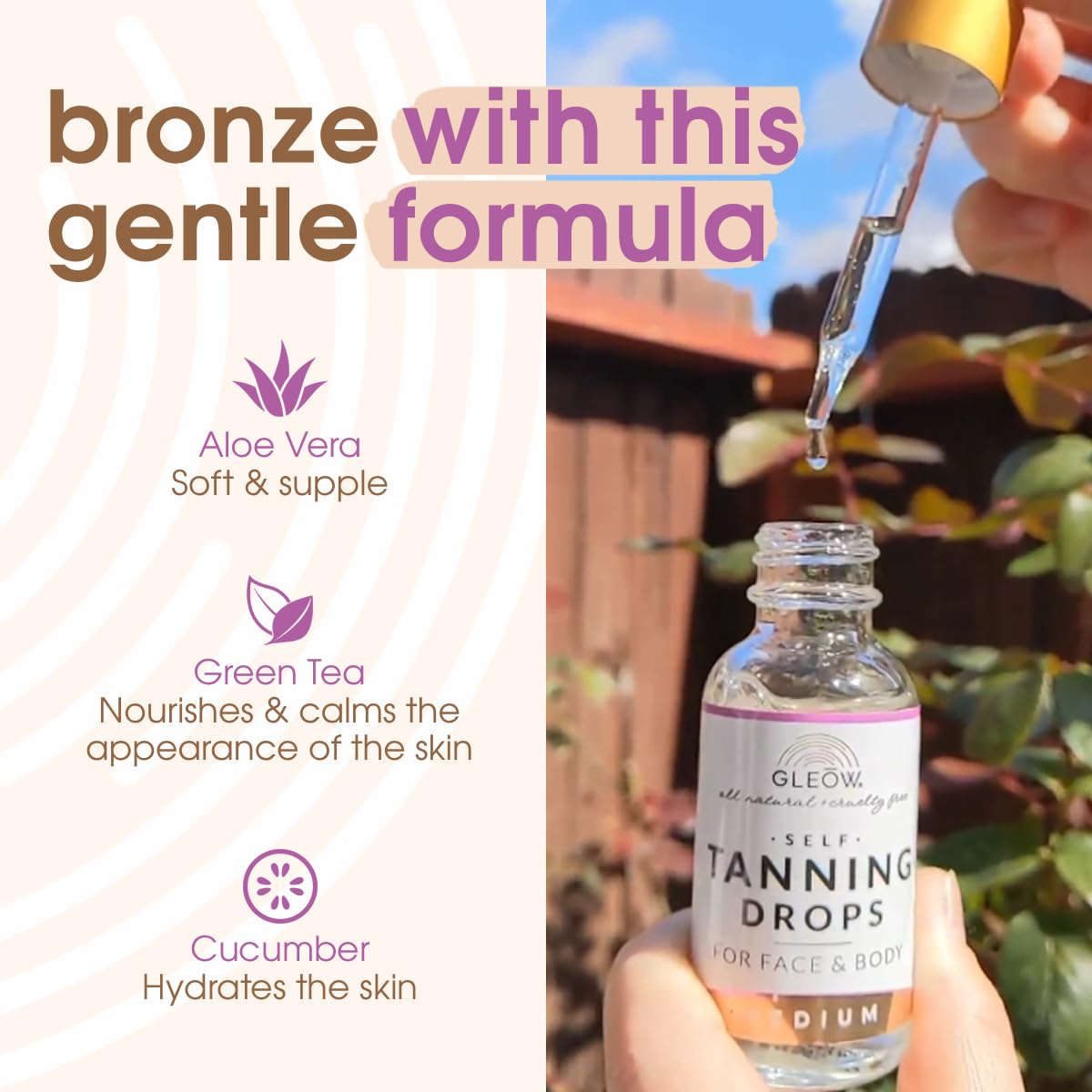 GLEOW ingredients chamomile green-tea visual suggests soothing, skin-loving components.