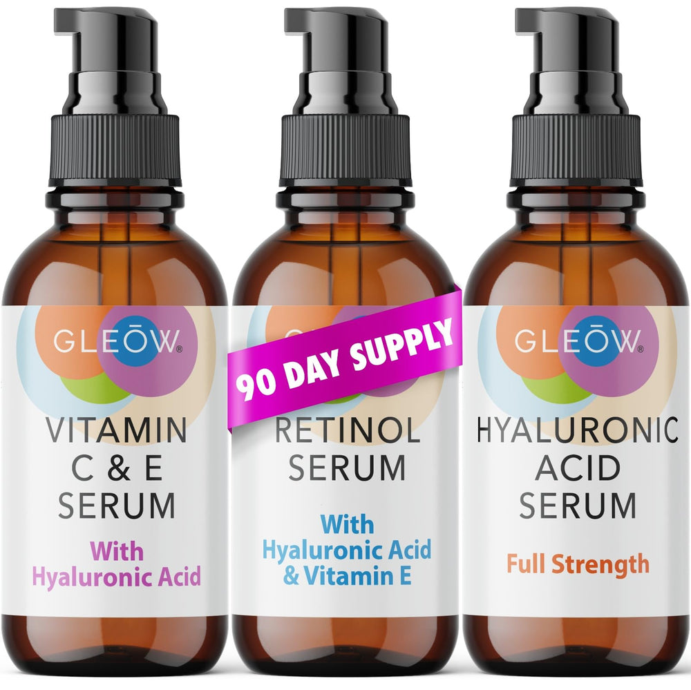 GLEOW Retinol Serum bottle closeup may smooth fine lines for a refreshed look.