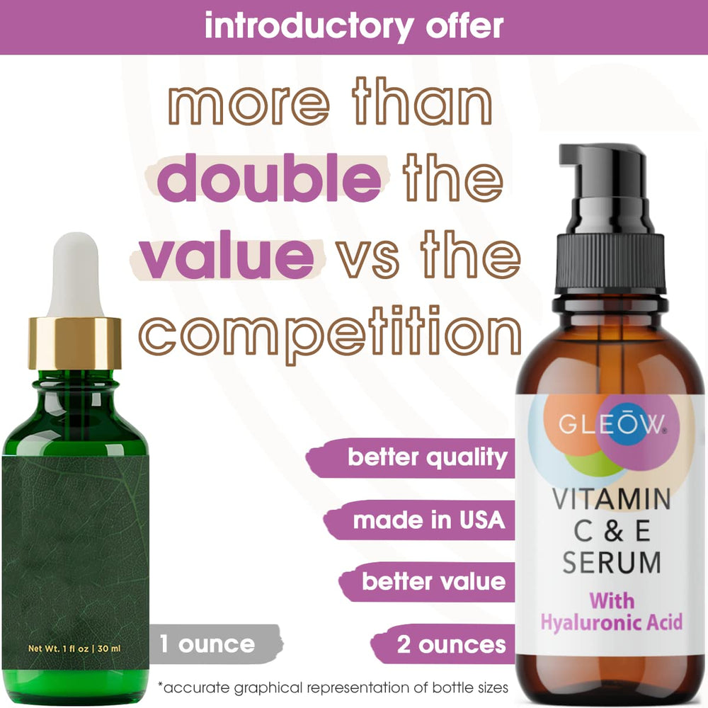 GLEOW Vitamin C Serum bottle application highlights brightening and more even tone.