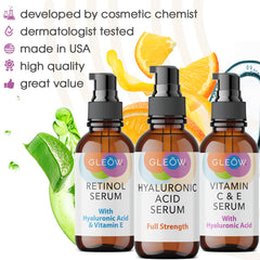 GLEOW vitamin C serum bottle brightens and evens complexion with daily use.
