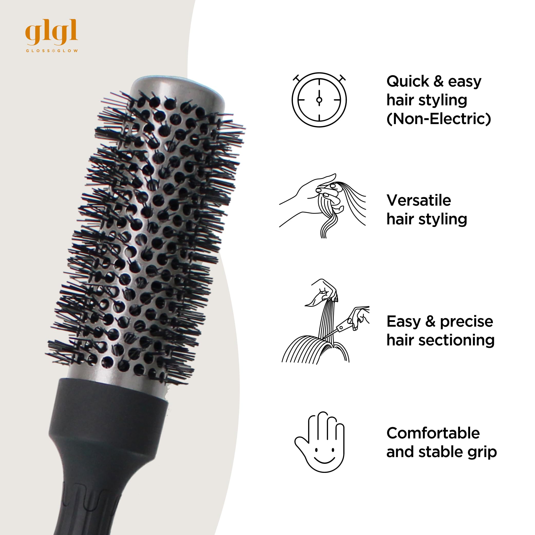 GLGL round brush close-up shows nylon bristles gripping hair for lift.