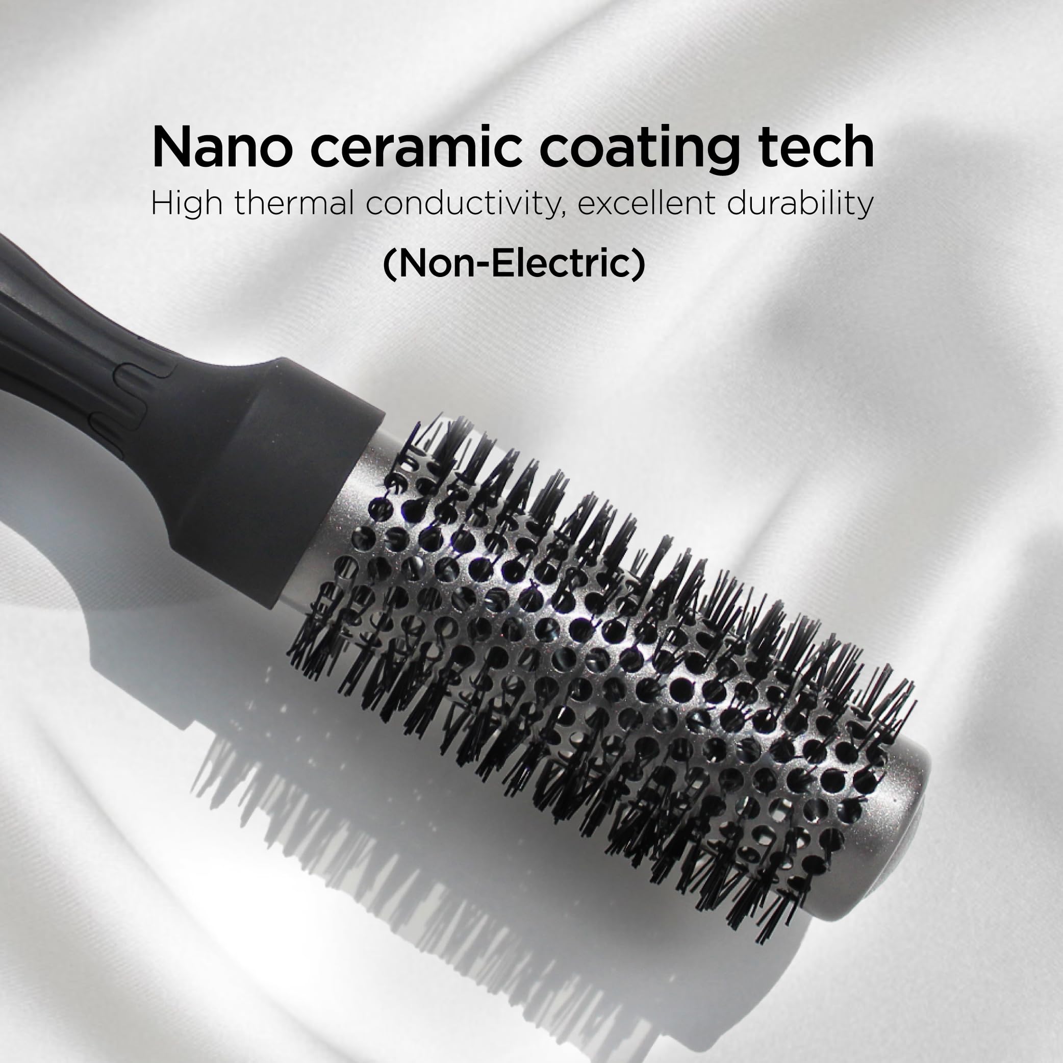 GLGL round brush demonstrates thick bangs lifted with root volume.