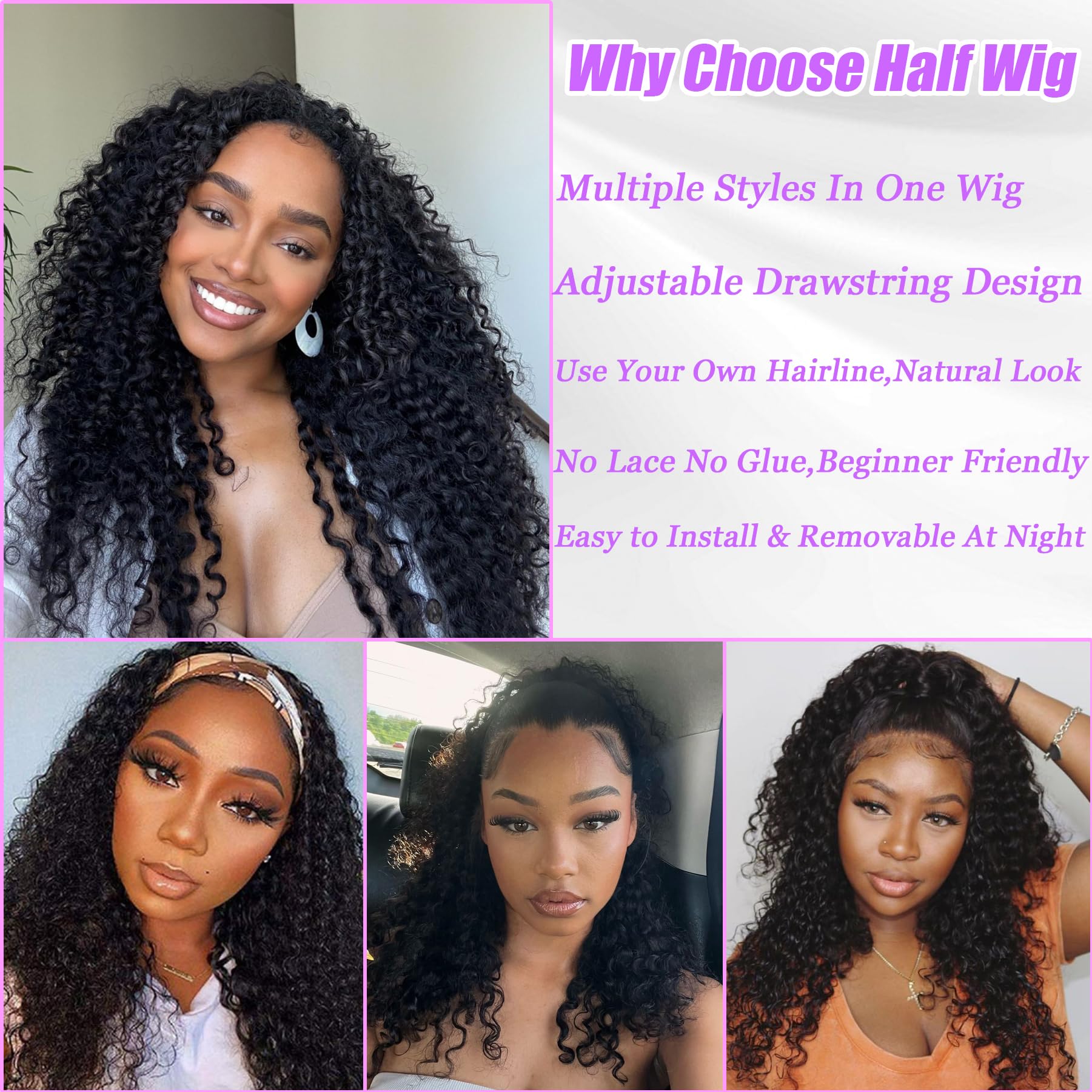 Glimeer half wig with drawstring demonstrates secure, adjustable fit.