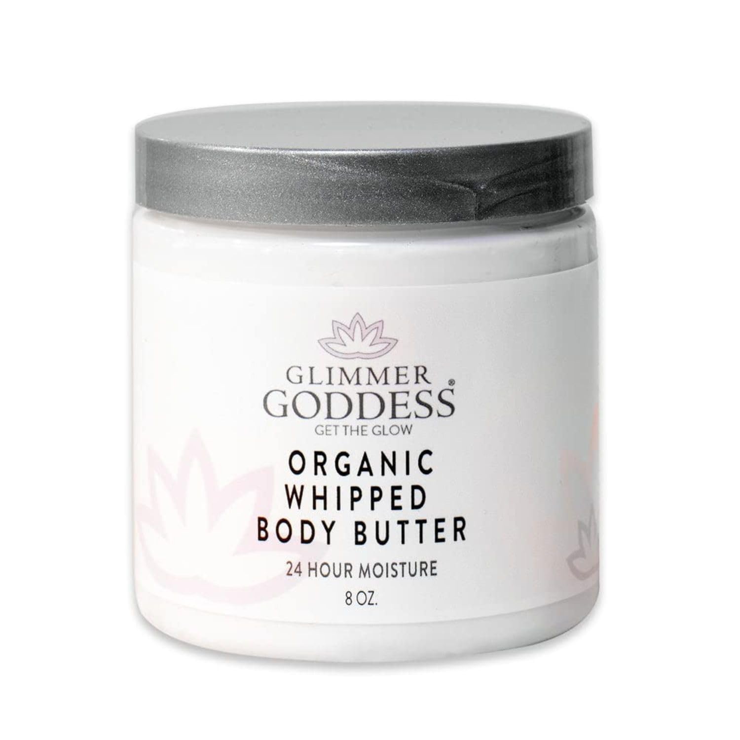 Glimmer Goddess whipped body butter jar closeup highlights rich texture for deep hydration.