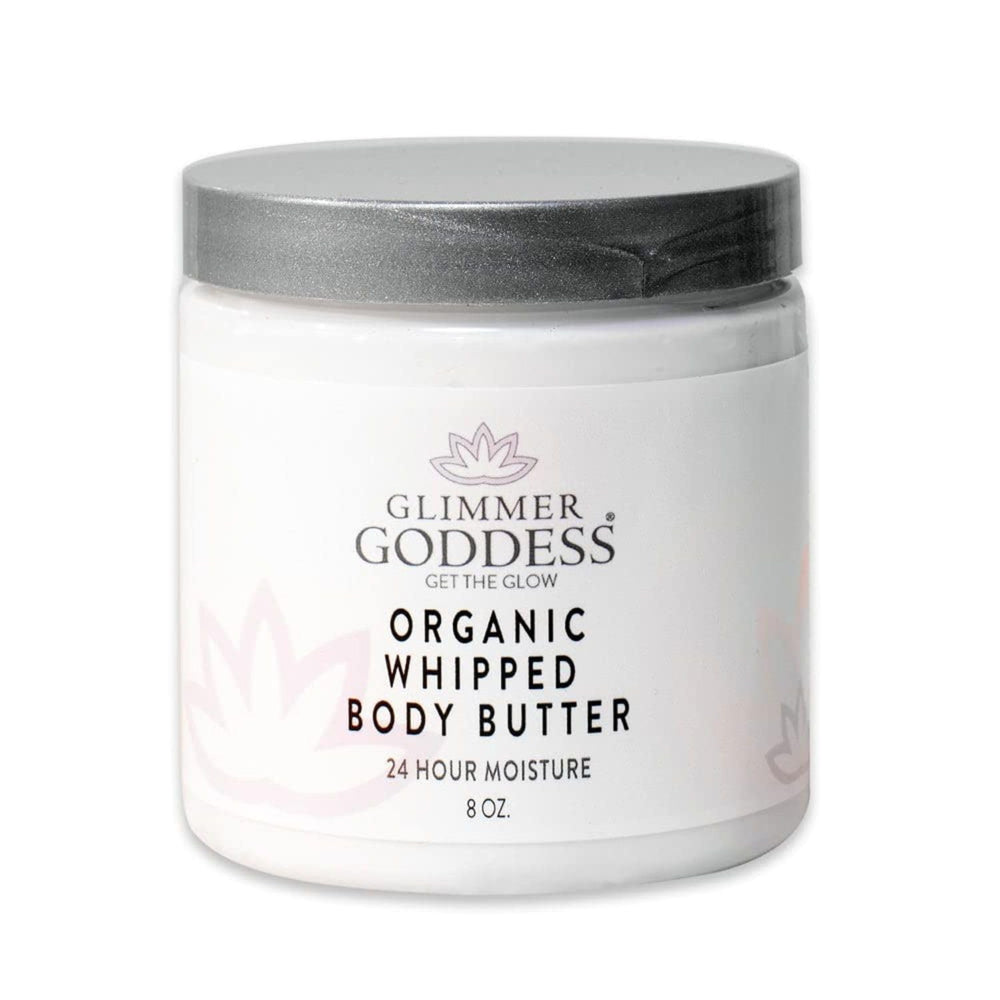 Glimmer Goddess whipped body butter jar closeup highlights rich texture for deep hydration.