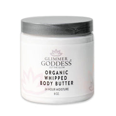 Glimmer Goddess whipped body butter jar closeup highlights rich texture for deep hydration.