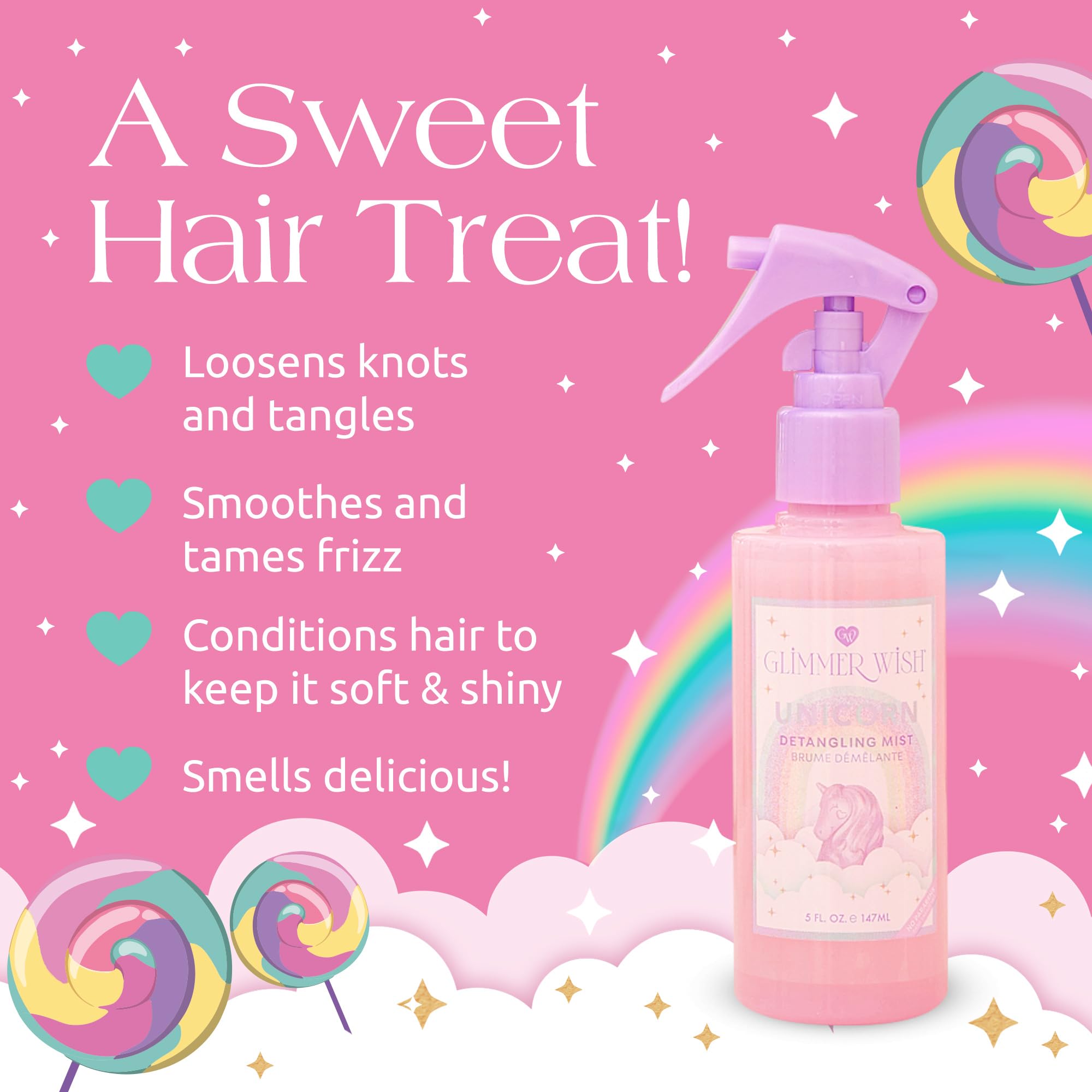 Glimmer Wish detangler mist application close-up showing slip-enhanced spray for smooth tangles.