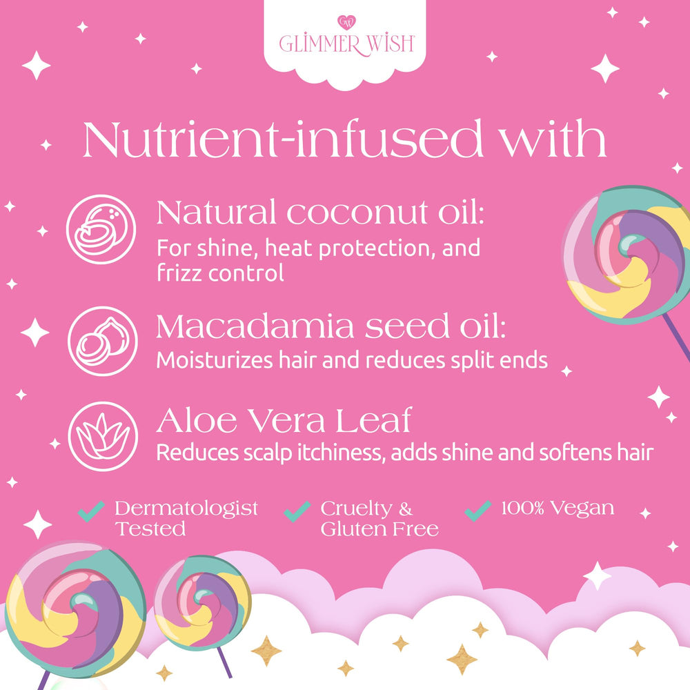 Glimmer Wish coconut and macadamia ingredients close-up emphasizing shine and slip for hair.