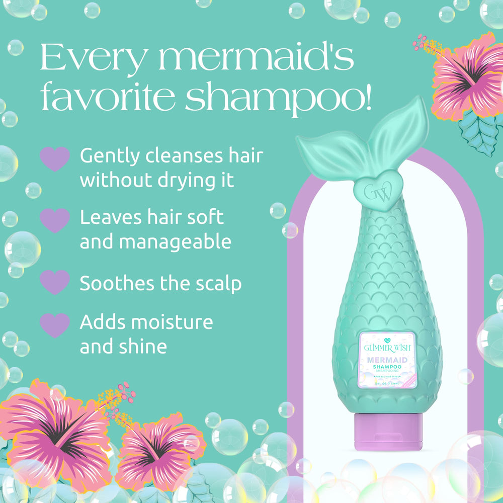 Glimmer Wish Mermaid Shampoo kid-friendly bottle in bath-time, gentle cleansing.