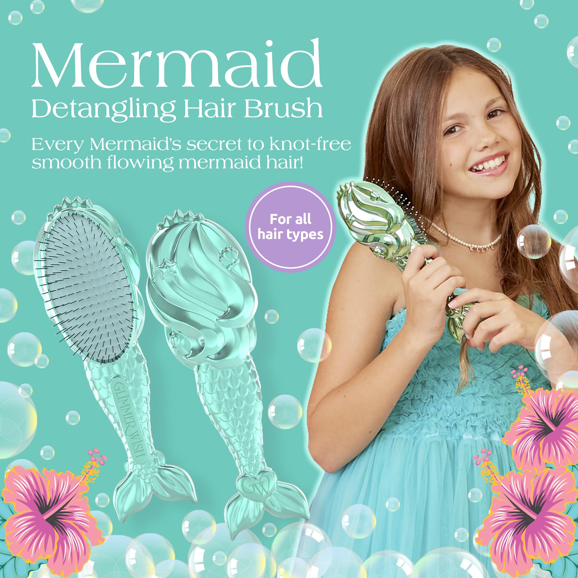 Glimmer Wish mermaid brush with long soft bristles for gentle detangling.
