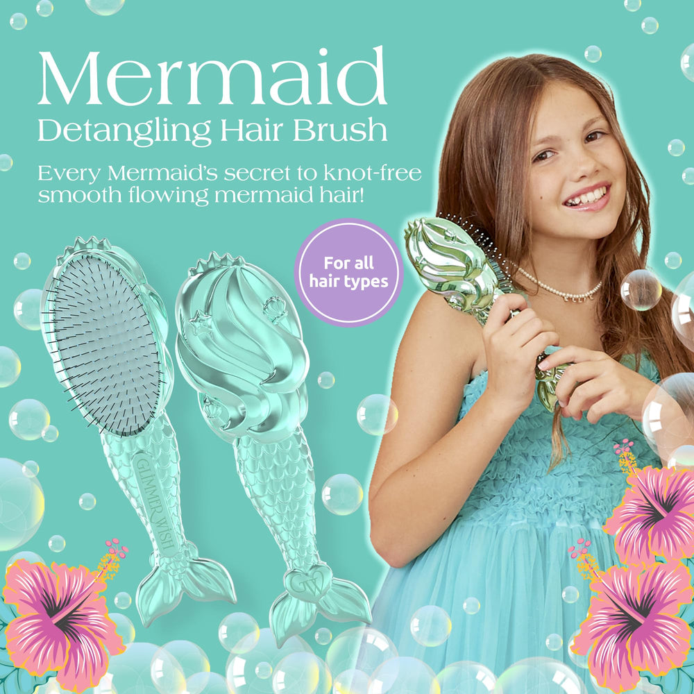 Glimmer Wish mermaid brush with long soft bristles for gentle detangling.