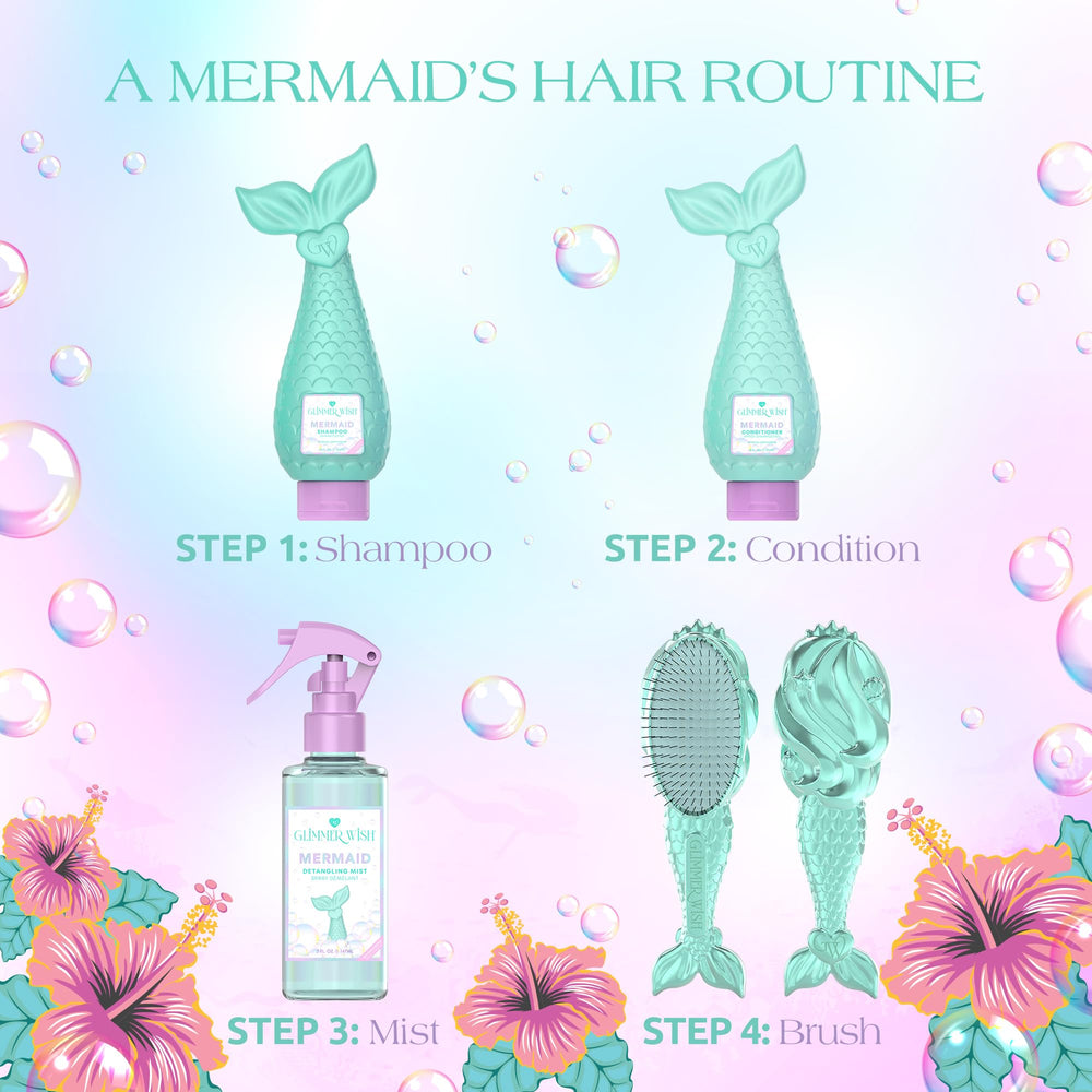 Glimmer Wish detangling brush in hands shows kid-friendly self-care routine.