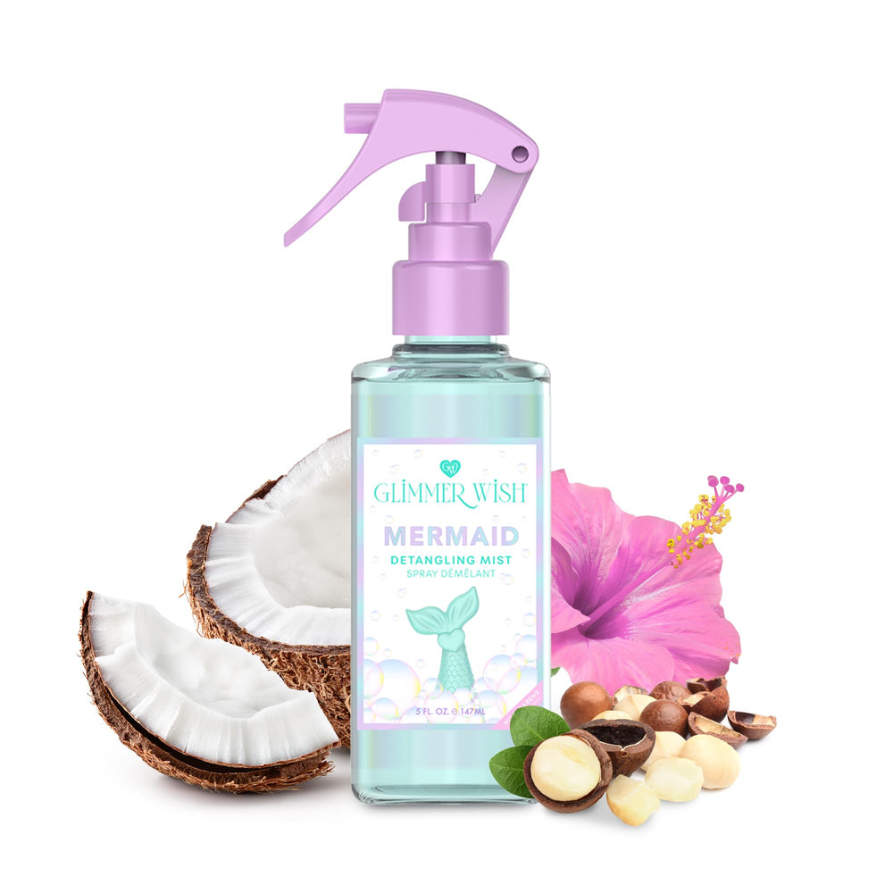 Glimmer Wish Mermaid Hair Detangler Bottle promotes smooth, tangle-free hair.