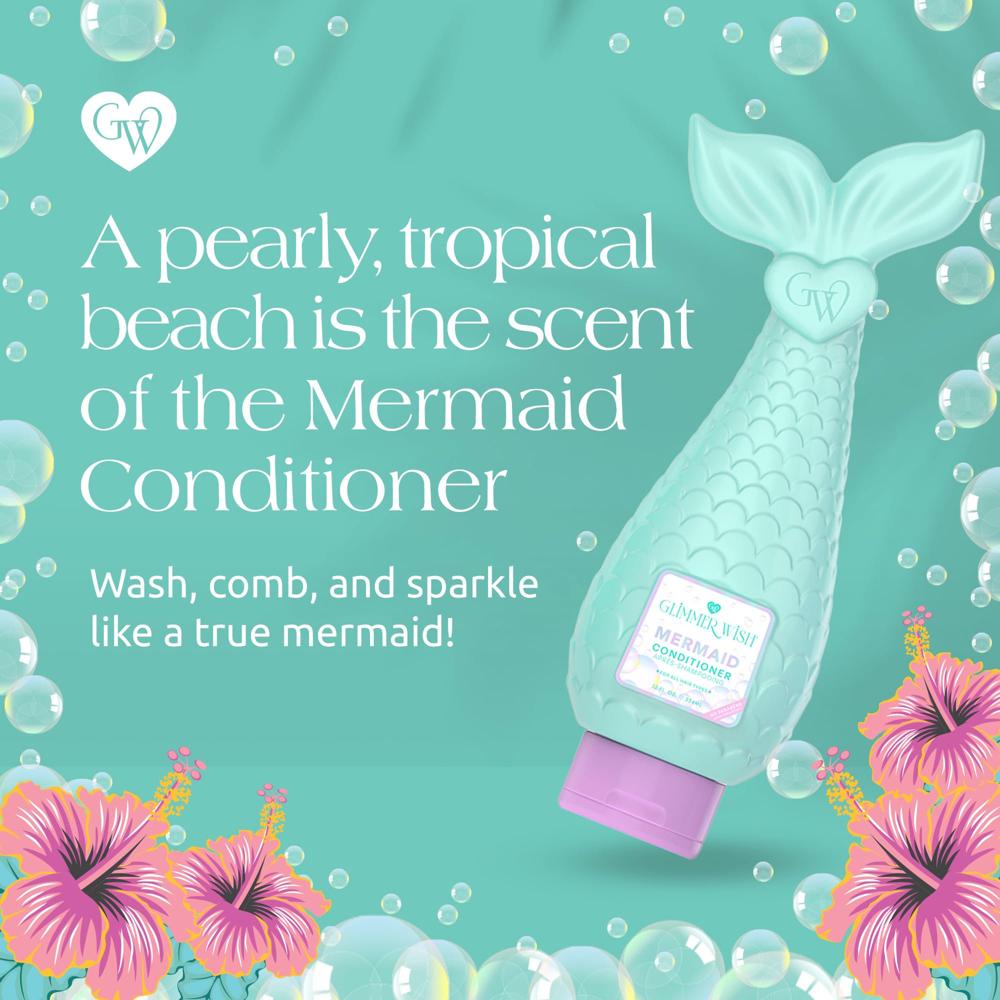 Glimmer Wish Mermaid conditioner ingredients coconut and macadamia for nourished-looking softness.