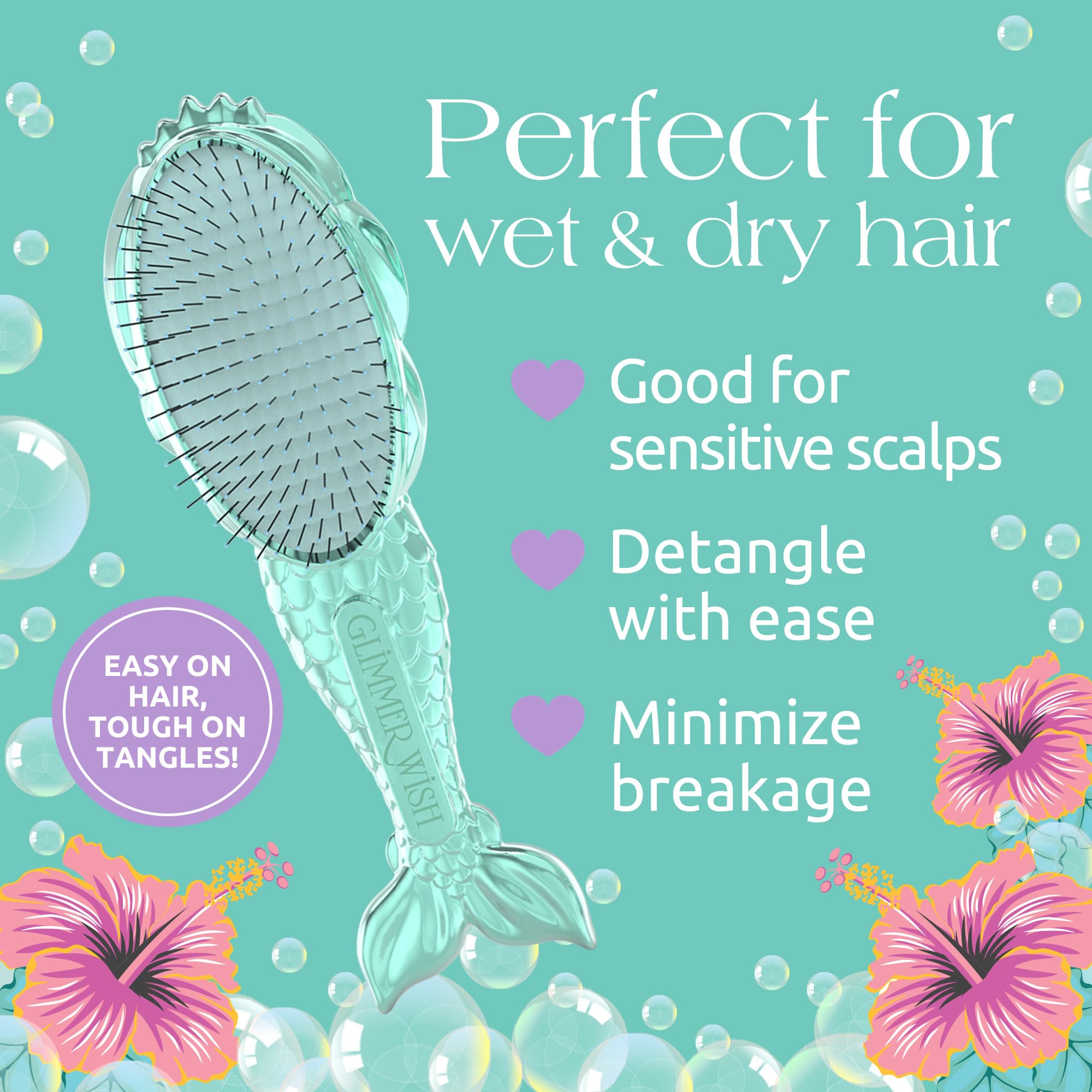 Glimmer Wish Mermaid hair brush for kids helps brushing kids' hair smoothly.