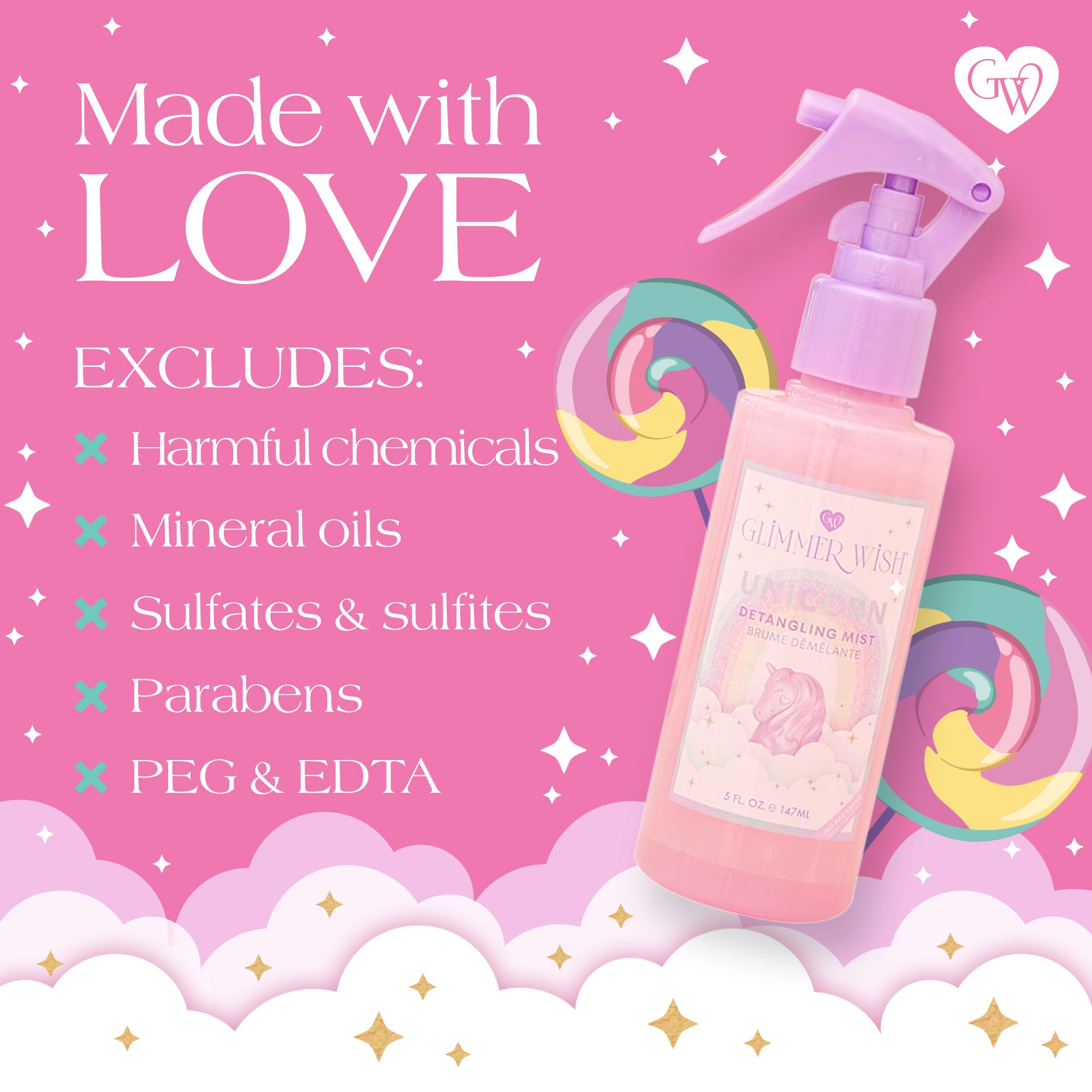 Glimmer Wish packaging with 5 oz bottle for at-home and on-the-go detangling.