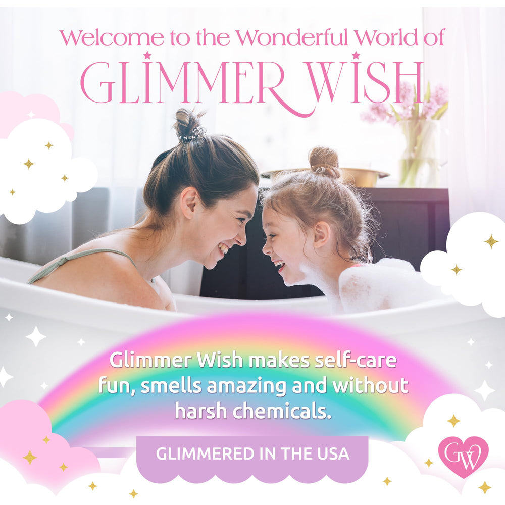Glimmer Wish unicorn detangler spray splash close-up conveys magical, kid-friendly scent and vibe.
