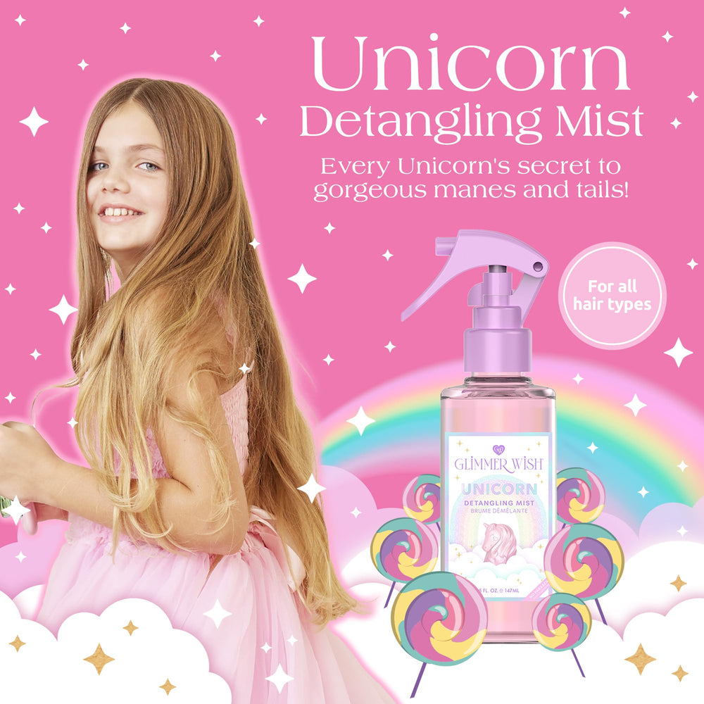 Glimmer Wish Unicorn Hair Detangler Spray bottle back highlighting clean ingredients and cruelty-free design.