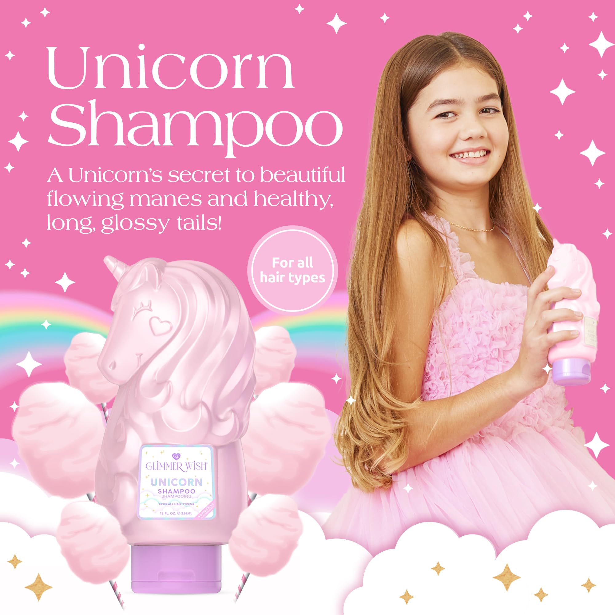 Glimmer Wish unicorn kids shampoo bottle back-label lists safe, nourishing ingredients.