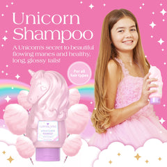 Glimmer Wish unicorn kids shampoo bottle back-label lists safe, nourishing ingredients.