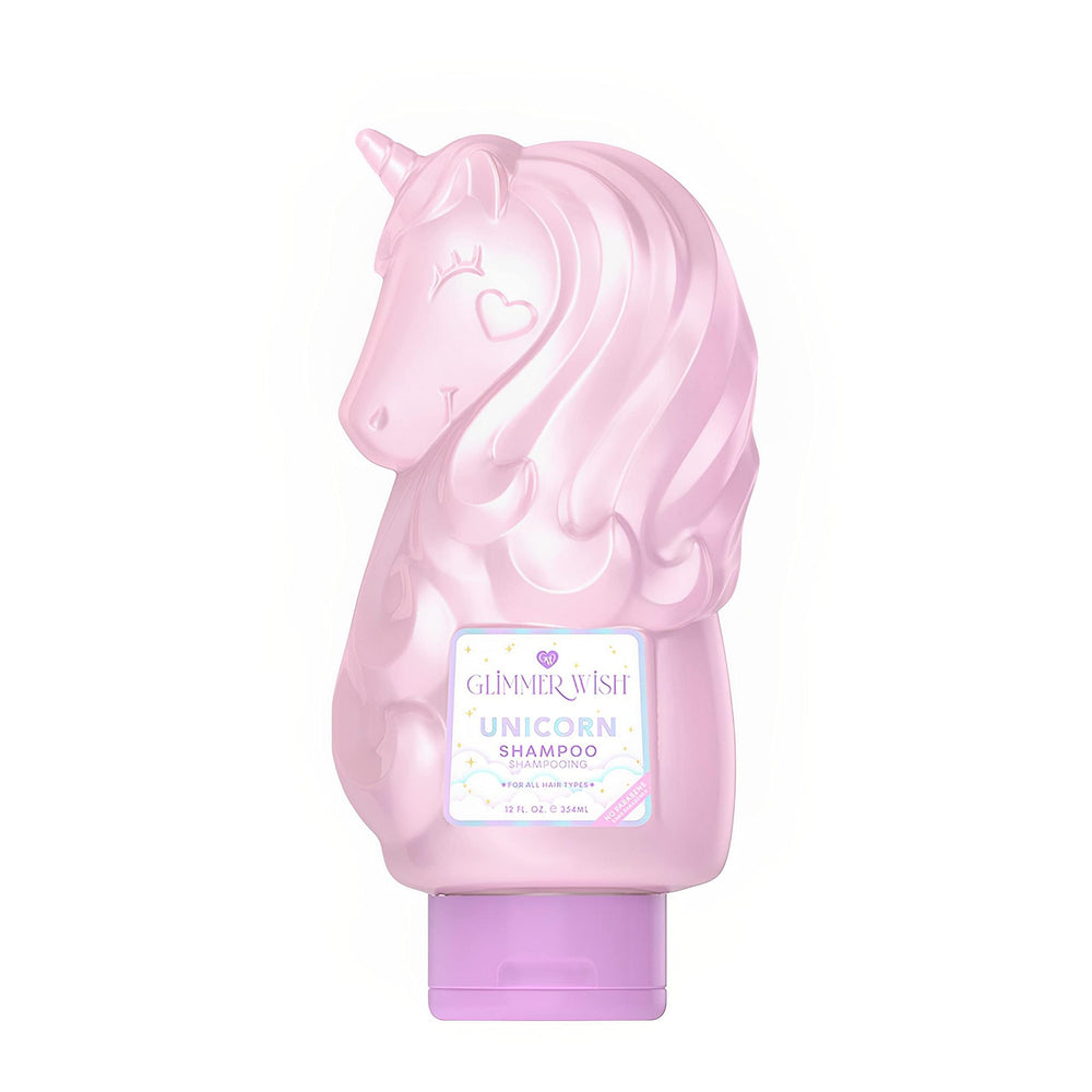 Glimmer Wish unicorn kids shampoo bottle front; vibrant design fosters enjoyable, gentle bath-time cleansing.
