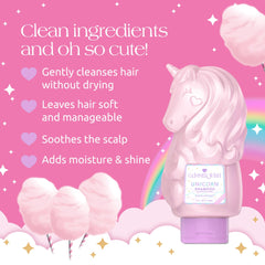 Glimmer Wish unicorn kids shampoo foam-lather closeup highlights creamy, coconut-derived cleanse.
