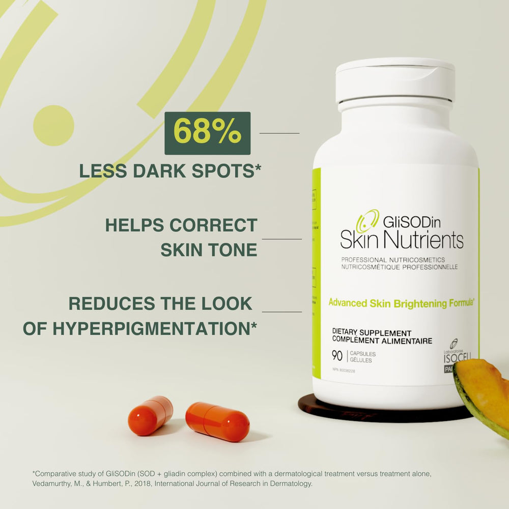 GliSODin advanced formula presentation highlights 90 capsules for daily skin support.