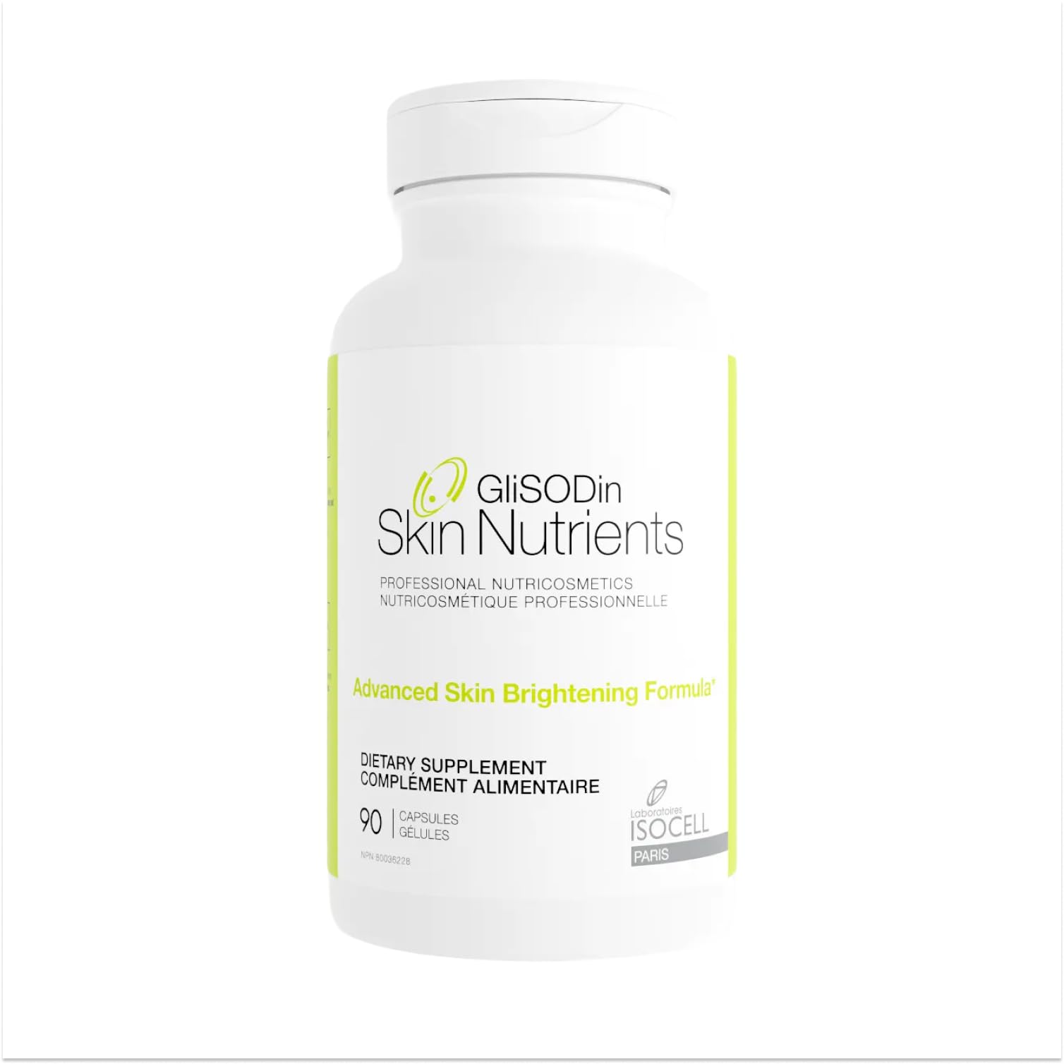 GliSODin Skin Nutrients bottle shows advanced formula for brighter, more even skin.