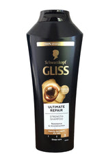 GLISS Ultimate Repair Shampoo bottle pouring for smoother, more manageable hair.