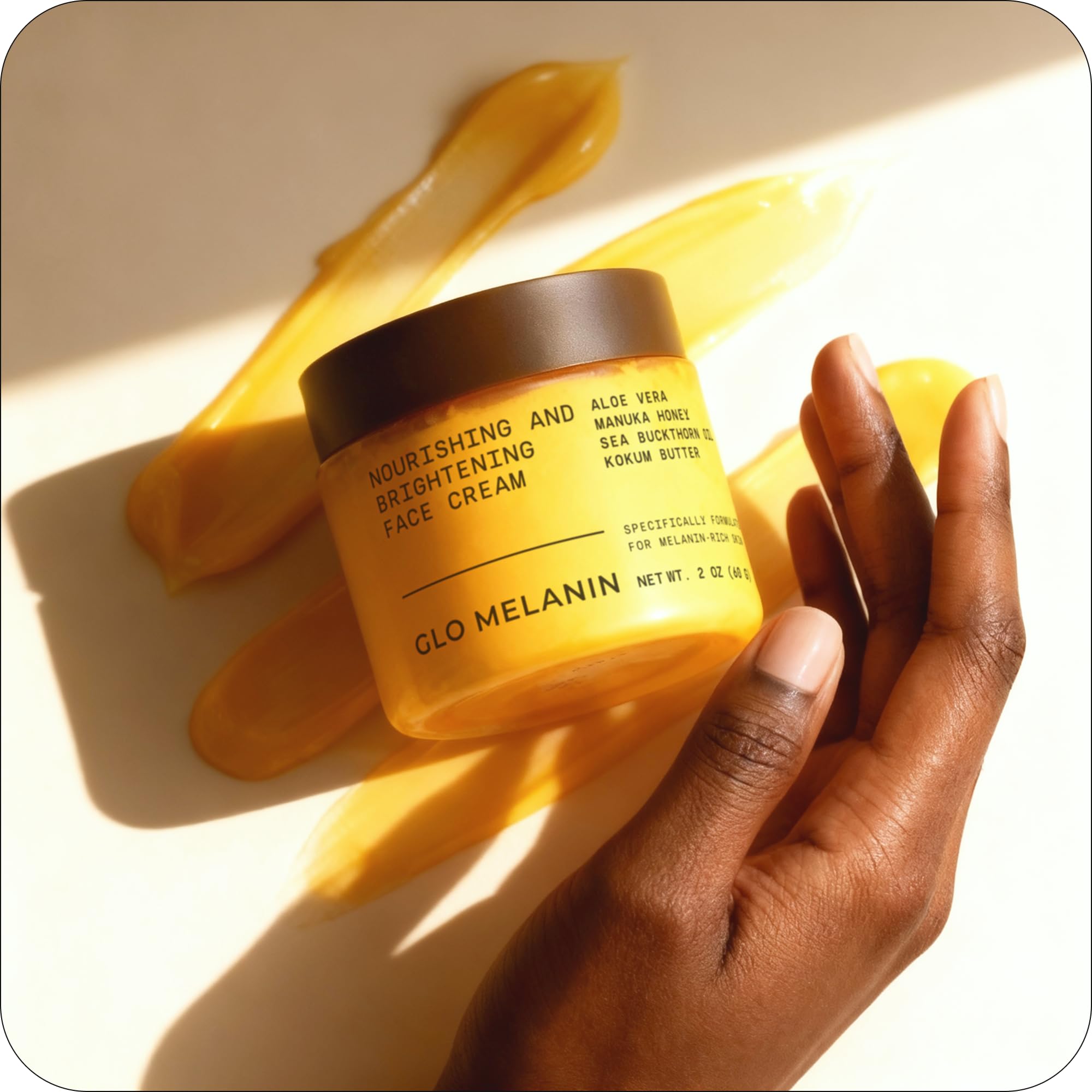 Glo Melanin Nourishing Face Cream vegan paraben-free badge highlights clean skincare.