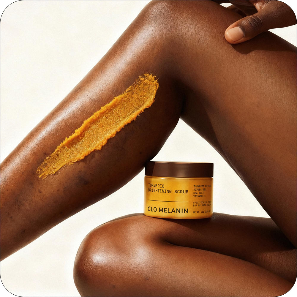 Glo Melanin Turmeric Scrub bottle with oils sheen ready for body use