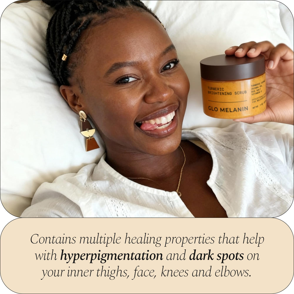 Glo Melanin Turmeric Scrub jojoba oil detail emphasizes nourishment