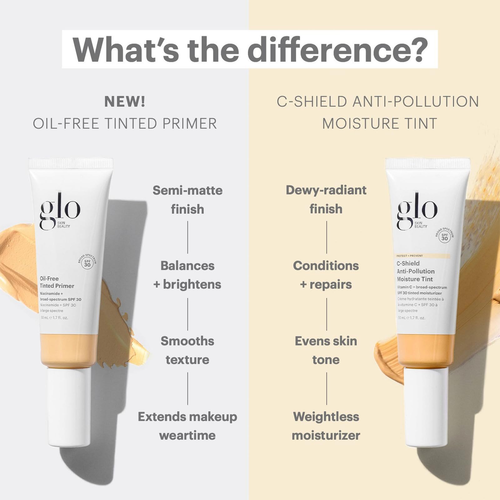 Glo Skin Beauty C-Shield soft glow finish enhances complexion with a dewy appearance.